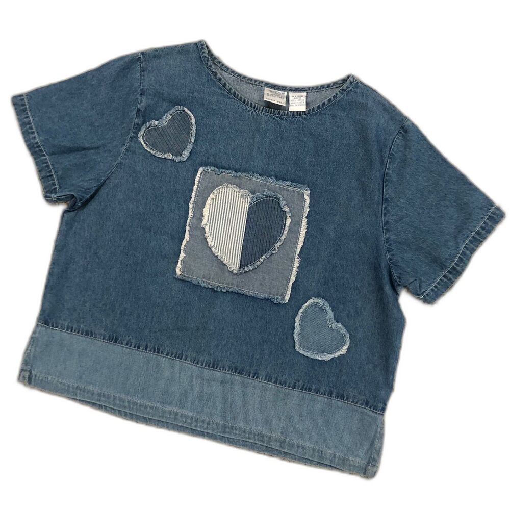 Vintage 80s 90s Bleu Bayou Denim Heart Applique Short Sleeve Shirt Size M